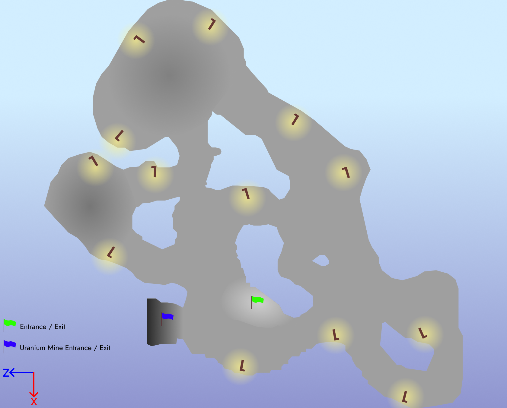 Map of the Actinium Mine from a top-down view (lighter = higher elevation, darker = lower elevation)